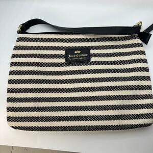 Juicy Couture Striped Canvas Clutch Shoulder Bag Black White Gold Zip 10x7” Logo
